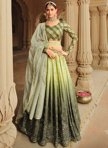 Embroidered Work Green Shaded Silk Lehenga For Mehendi